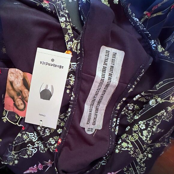 Aguabendita Blue/Pink Floral Tile Print Cheeky One Piece Swimsuit Sz. L (12-14) - Picture 7 of 7